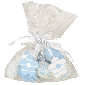 Blue plastic eggs for hanging 4 cm, 8 pieces in a bag with 2 flowers