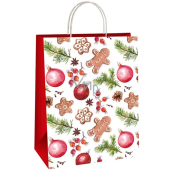 Ditipo Gift paper bag 22 x 10 x 29 cm Christmas white decorations, gingerbread, pine cones, twigs