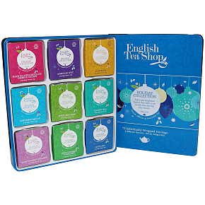 English Tea Shop Bio Blue decorations Black tea + chocolate, cherry and coconut + Moroccan spices + Pungent peach + Mint and watermelon + White mint peel + Coconut Chai + Sweet rosehip with cinnamon + Apple, cinnamon and Earl Gray + Sweets, 72 pieces of tea, 9 flavors 108 g, gift set in a tin can