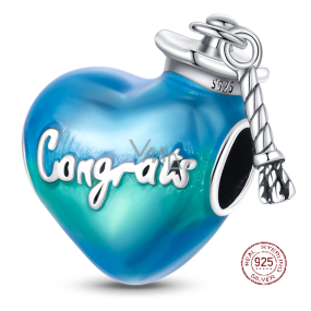 Charm Sterling Silver 925 Graduation - Congratulations, Graduate Heart Bead on Bracelet