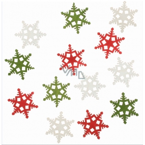 Snowflakes wooden red, green, white 4 cm 12 pieces