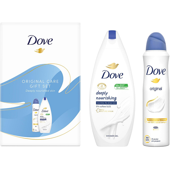 Dove Original Deeply Nourishing moisturizing shower gel 250 ml + Original antiperspirant deodorant spray 150 ml, cosmetic set for women