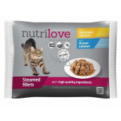 Nutrilove Stewed fillets with juicy chicken in sauce, stewed fillets with juicy salmon in sauce complete cat food pouch 4 x 85 g
