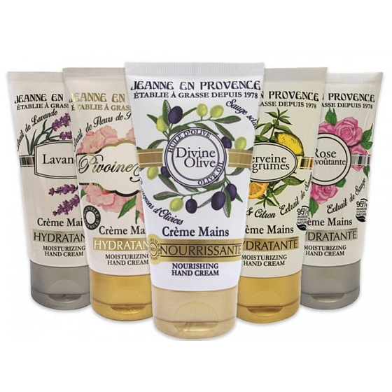 Jeanne en Provence Lavender hand cream 75 ml + Peony fairy hand cream 75 ml + Olive hand cream 75 ml + Verbena and lemon hand cream 75 ml + Captivating rose hand cream 75 ml, cosmetic set for women