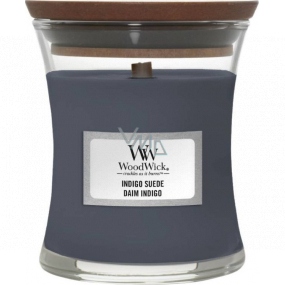 WoodWick Indigo Suede - Blue suede scented candle with wooden wick and lid glass small 85 g