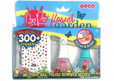 Bo-Po Flower Garden lak na nehty slupovací stříbrný 2,5 ml + lak na nehty slupovací tmavě zelený 2,5 ml + nálepky na nehty, kosmetická sada pro děti
