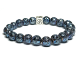 Lava blue plated with royal mantra Om, bracelet elastic natural stone, ball 8 mm / 16-17 cm, born of the four elements