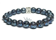 Lava blue plated with royal mantra Om, bracelet elastic natural stone, ball 8 mm / 16-17 cm, born of the four elements