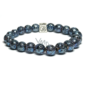 Lava blue plated with royal mantra Om, bracelet elastic natural stone, ball 8 mm / 16-17 cm, born of the four elements