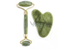 Jade Gua Sha 5 x 8 cm + massage roller 14 x 5,5 cm reduces wrinkles, swelling, improves skin elasticity, set without packaging