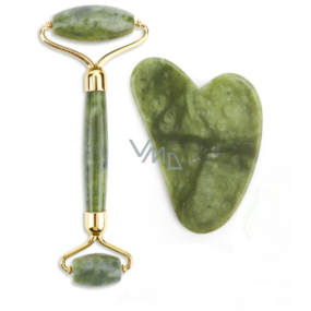 Jade Gua Sha 5 x 8 cm + massage roller 14 x 5,5 cm reduces wrinkles, swelling, improves skin elasticity, set without packaging