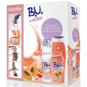 B.U. In Action Protect Plus antiperspirant deodorant spray for women 150 ml + In Action Yogurt + Papaya shower gel 250 ml, cosmetic set
