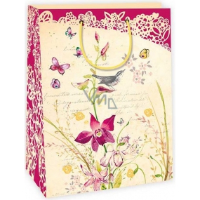 Ditipo Gift kraft bag 27 x 12 x 37 cm beige, flower, bird, butterflies