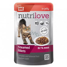 Nutrilove Stewed fillets with juicy beef in jelly complete cat food pouch 85 g