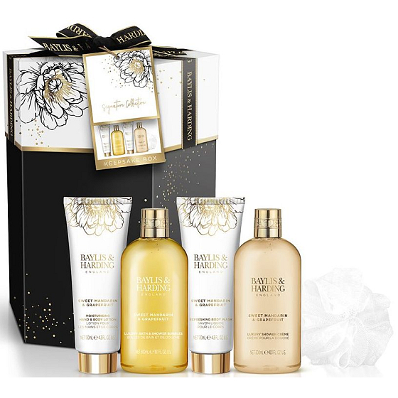 Baylis & Harding Sweet Tangerine & Grapefruit shower cream 300 ml + washing gel 300 ml + hand and body lotion 130 ml + shower gel 130 ml + washing sponge, cosmetic set for women