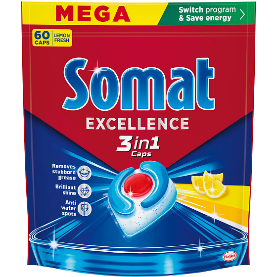 Somat Excellence 3in1 Lemon dishwasher tablets, 60 pcs