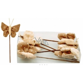 Butterflies made of beige-brown fabric in a box of 6 pieces, 12 cm + skewers