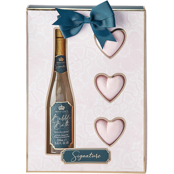 Sunkissed Champagne Signature bath foam 250 ml + sparkling bath hearts 3 x 50 g, cosmetic set for women