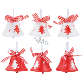 Red and white bells with tree for hanging 4,5 cm 6 pieces