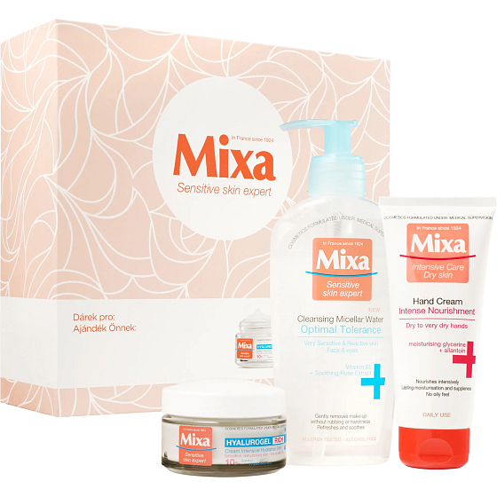 Mixa Hyalurogel Rich intensive moisturizing day cream with hyaluronic acid 50 ml + Optimal Tolerance micellar water 200 ml + Intense Nourishment nourishing hand cream 100 ml, cosmetic set for women