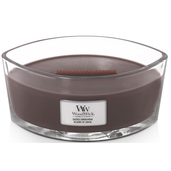 WoodWick Suede & Sandalwood - Suede Sandalwood scented candle with a wooden wide wick and lid boat 453 g