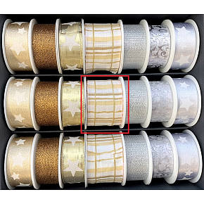 Nekupto Fabric Ribbon Christmas White with Brown and Gold Stripes 40 mm x 2 m
