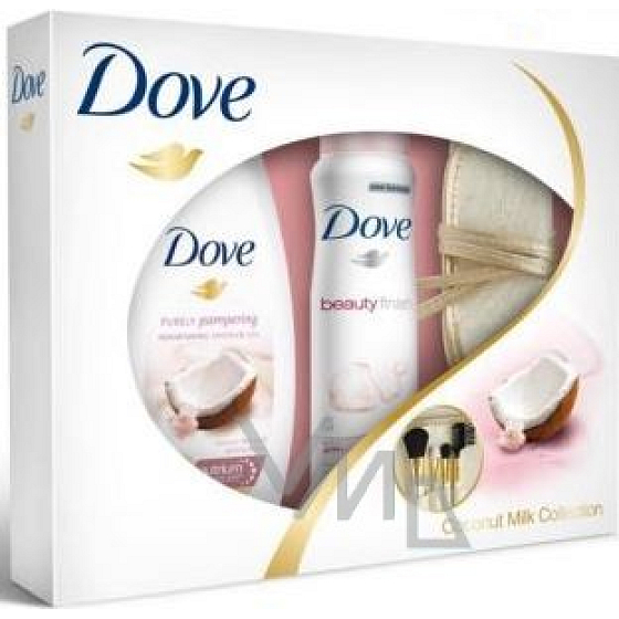 Dove Coconut milk and jasmine flowers makeup deodorant spray 150 ml + shower gel 250ml + set of makeup brushes, cosmetic set