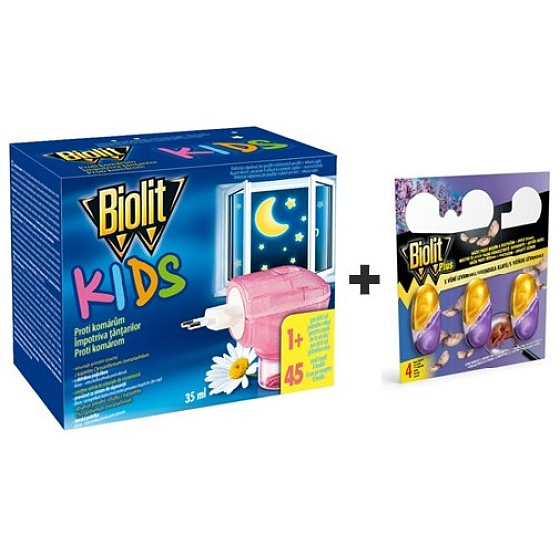 Biolit Kids Electric vaporizer and liquid refill 45 nights against mosquitoes 35 ml + Biolit Plus M gel with lavender scent hooks against moths and mites 3 pieces