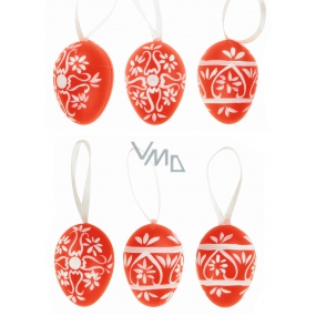 Plastic eggs for hanging red with ornaments 4 cm 6 pieces in a bag