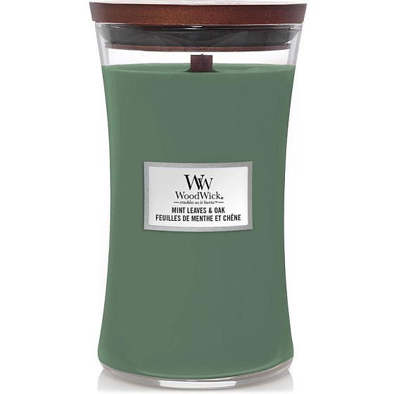 WoodWick Mint Leaves & Oak scented candle with wooden wick and lid glass large 609,5 g