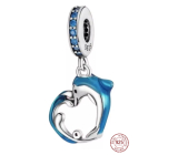 Charm Sterling Silver 925 Dolphin on a Wave in Heart Shape, Sea Bracelet Pendant
