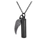 Commemorative urn pendant, Angel wings black waterproof, stainless steel 9 x 37 mm