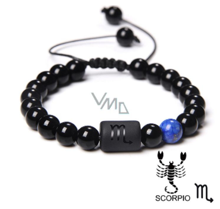 Onyx Scorpio zodiac sign, natural stone bracelet, 8mm ball/ adjustable