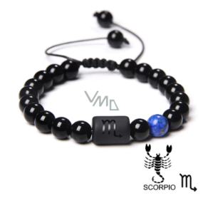 Onyx Scorpio zodiac sign, natural stone bracelet, 8mm ball/ adjustable size, life force stone