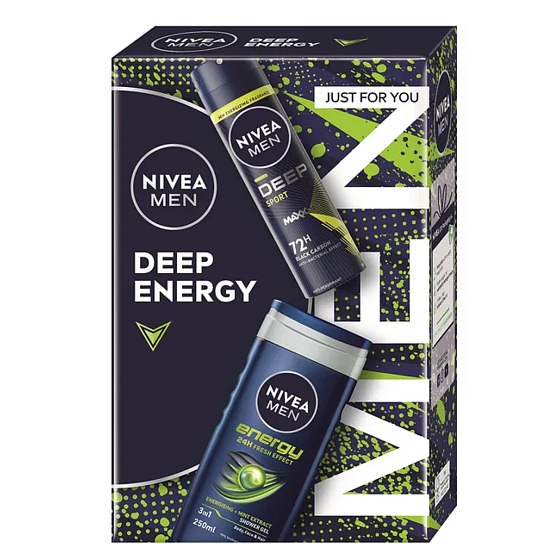 Nivea Men Deep Sport shower gel 250 ml + Nivea Men Energy antiperspirant spray 150 ml, cosmetic set for men