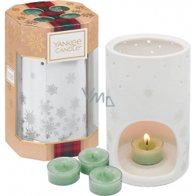 Yankee Candle White Fir - Frosted fir tea candle 4 pieces + ceramic candlestick 1 piece, Christmas gift set
