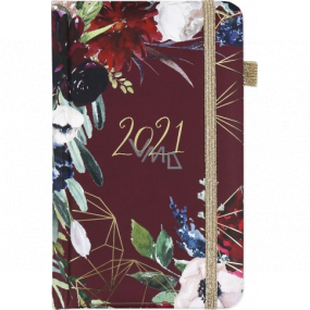 Albi Diary 2021 Pocket with rubber band Bordeaux flowers 15 x 9.5 x 1.3 cm