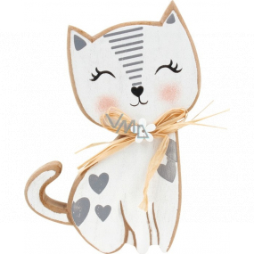 Wooden cat with bow and hearts white 15 cm