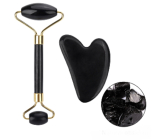 Obsidian Gua Sha 5 x 8 cm + massage roller 14 x 5,5 cm reduces wrinkles, swelling, improves skin elasticity, set without packaging