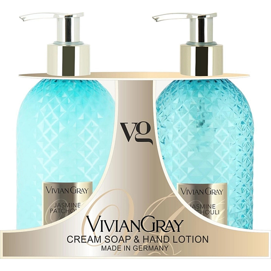 Vivian Gray Jasmine and Patchouli luxury liquid soap with dispenser 300 ml + luxury hand lotion with dispenser 300 ml, cosmetic set
