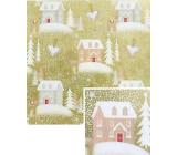 Nekupto Christmas gift wrapping paper 70 x 200 cm Gold, white trees, grey houses
