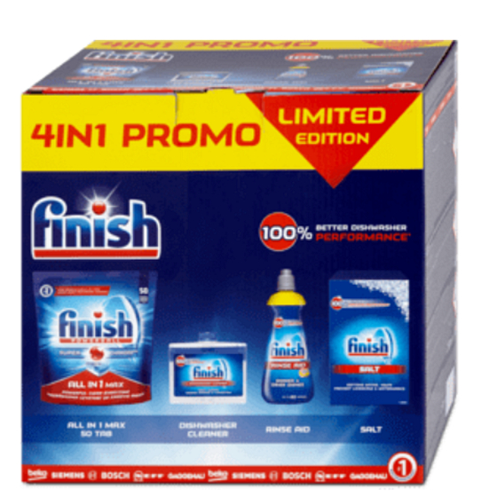 Finish 4in1 All in 1 Max tablets 815 g + Shine & Protect Lemon Sparkle polish 400 ml + dishwasher cleaner 250 ml + dishwasher salt 1.5 kg, detergent package