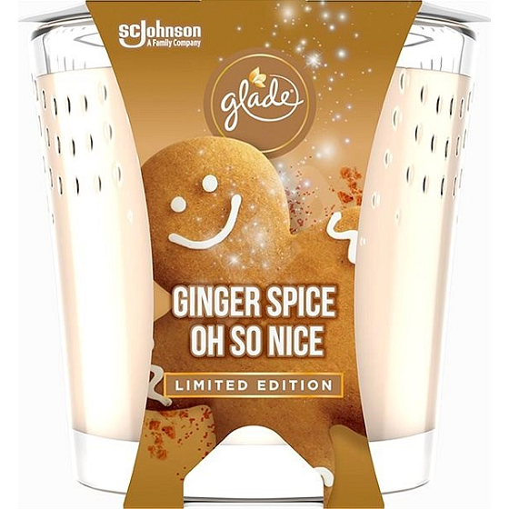 Glade Ginger Spice Oh So Nice with the scent of gingerbread spices and vanilla scented candle in a glass, burning time up to 32 hours 129 g