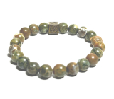 Ryolite with royal mantra Om bracelet elastic natural stone, ball 8 mm / 16-17 cm, stone of clear consciousness