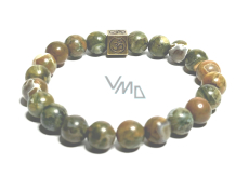 Ryolite with royal mantra Om bracelet elastic natural stone, ball 8 mm / 16-17 cm, stone of clear consciousness