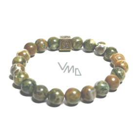 Ryolite with royal mantra Om bracelet elastic natural stone, ball 8 mm / 16-17 cm, stone of clear consciousness
