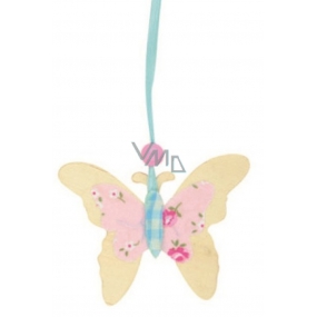 Butterfly made of wood floral decor pink-blue 7 cm