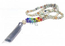 108 Mala 7 chakra necklace, Amazonite, meditation jewellery, natural stone knotted, elastic, tassel 8 cm, bead 6 mm