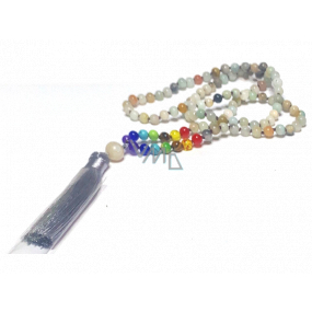 108 Mala 7 chakra necklace, Amazonite, meditation jewellery, natural stone knotted, elastic, tassel 8 cm, bead 6 mm