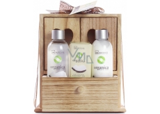 Idc Institute Organica Coconut Oil sprchový gel 120 ml + tělové mléko 120 ml + mýdlo 90 g v dřevěné krabičce, kosmetická sada